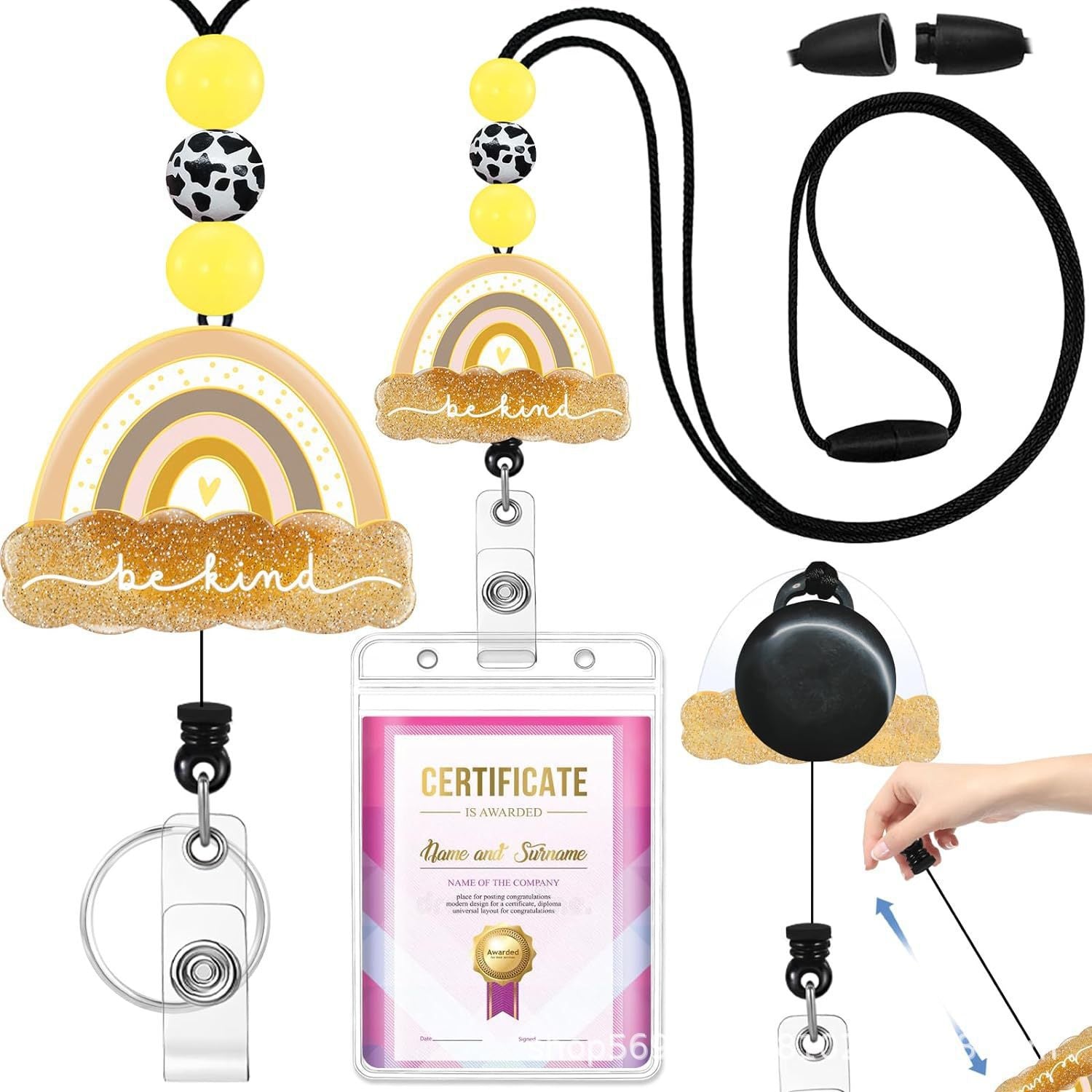 Wholesale Badge Reels Cow Leopard Print West Highland Cow Rainbow Sunflower Card Holder Silicone Beaded Lanyard Retractable Keychain